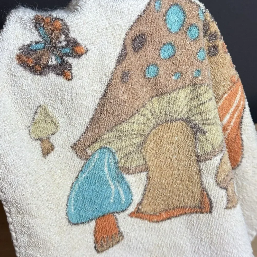 Vintage 1970's Cannon Merry Mushroom & Butterflies Hand Kitchen Towel Lot Of 3